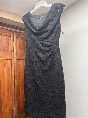 New!-Adrianna Papell Black Lace Cowl Neck Midi Dress with Subtle Sequins